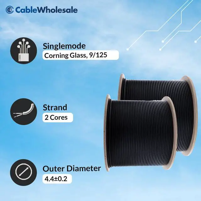 Alt view image 4 of 7 - 2 Strand Indoor/Outdoor Fiber Optic Cable, OS2 9/125 Singlemode, Corning, Black, Riser Rated, Spool, 2000 Foot