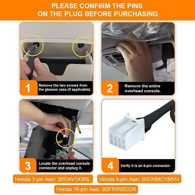 Alt view image 3 of 7 - Power Adapter (8-Pin) for Honda, Connects to Overhead Console, LED Display USB Power Source, Easy to Install, 5V 12V Output, for Dash Cam, Radar, D3-030