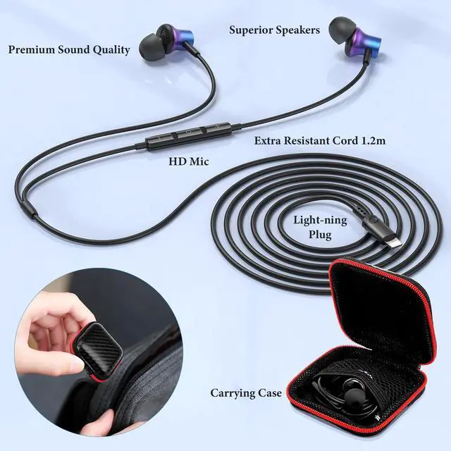 Alt view image 7 of 7 - MFi-Certified Wired Headphones for Apple iPhone 14 13 Pro XR Purple | Lighting Earbuds for iPhone 12 Pro 11 XS Max XS SE 7 8 Plus Earphones Built-in Microphone Volume Control Magnetic Headsets
