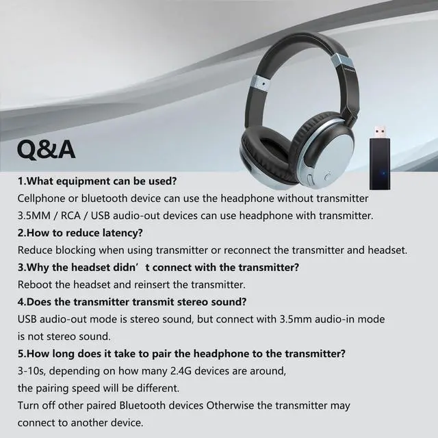 Alt view image 6 of 6 - Bluetooth Headphones for TV & PC with USB Transmitter, 3.5mm (Blue) | Dual-mode wired & wireless over-ear headset. Connect to TV/PC via USB/3.5mm transmitter, or directly to phone