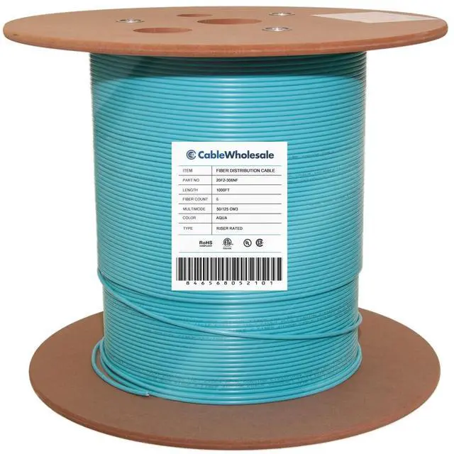 Alt view image 4 of 7 - 6 Strand Fiber Optic Cable, Multimode, Aqua, 500ft Spool | Steel Armored Indoor; OM3 50/125 micron, 10Gbit, Riser rated, Corning Fiber