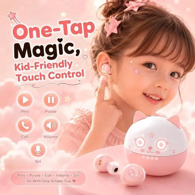 Alt view image 6 of 7 - Kids Earbuds, Wireless Earbuds for Kids 8-12, 85dB Volume Limited, Cute Animal Earbuds, Touch Control, 40H Playtime, Waterproof Kids Headphones with Noise Cancelling for Boys & Girls