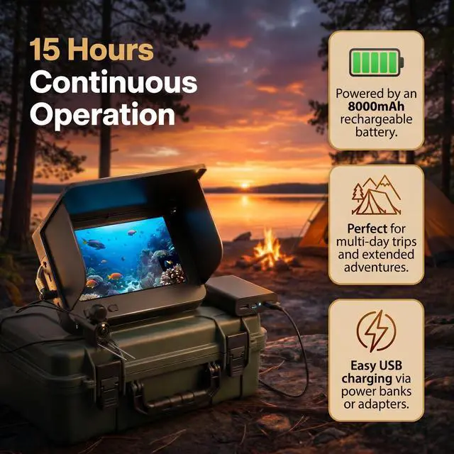 Alt view image 6 of 7 - Fish Finder Underwater 5-Inch IPS Screen Fishing Camera | 1500nit Brightness Long Battery Life 8000mAh USB Charging - IP68 Waterproof 98ft Cable for Ice Fishing Anglers