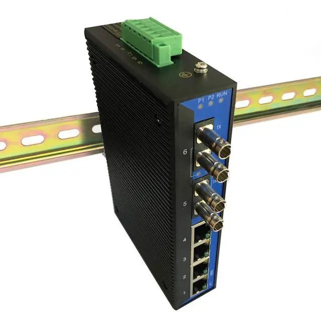Main image of Industrial 6-Port Unmanaged Ethernet Switch/Daisy-Chain and Star Fiber Optic Converter, Single-Mode, ST Connectors