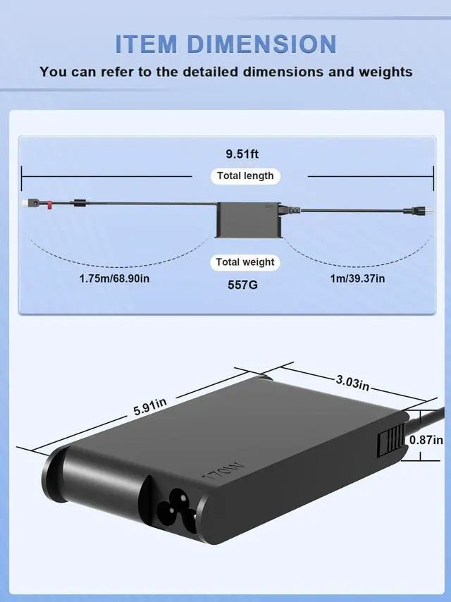 Alt view image 3 of 7 - SlSLRIOY 170W Slim Charger Compatible with Lenovo IdeaPad Yoga Pro/Slim/Creator 9 7 5 LOQ 15 16,Legion Slim 5 7 R720 Y730 Y720 Y540,ThinkPad P1 P53 P52 P51 P50 P70 P71 Laptop Power Adapter