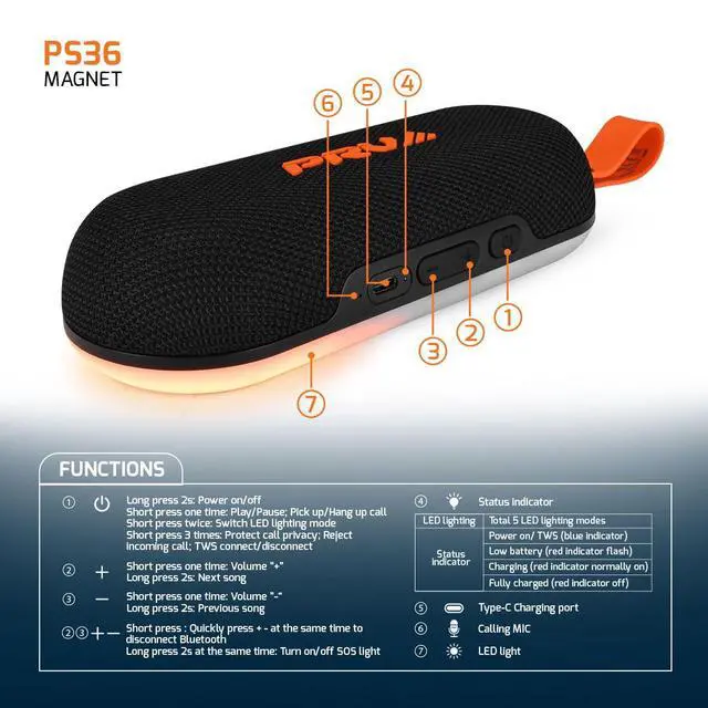 Alt view image 6 of 7 - Loud Portable Bluetooth Speaker Wireless PS36 Magnet - Magnetic Waterproof Outdoor Speaker with Lights, 36W Super Bass, TWS Pairing, 10-Hour Playtime for Camping, Travel, Beach, Golf