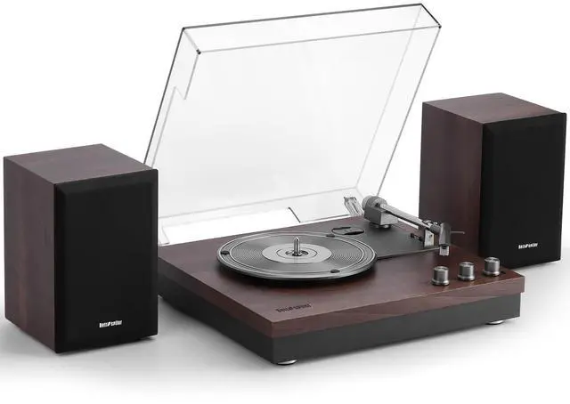 Main image of Record Player, 3 Speed Turntable with Two 15W External Speakers, Bluetooth Input, Aux-in, USB Playback& LP-MP3 Recording, Vintage Vinyl Player, Dark Brown Wood