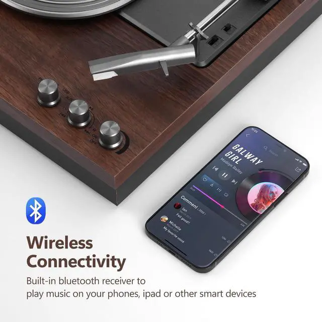 Alt view image 2 of 7 - Record Player, 3 Speed Turntable with Two 15W External Speakers, Bluetooth Input, Aux-in, USB Playback& LP-MP3 Recording, Vintage Vinyl Player, Dark Brown Wood