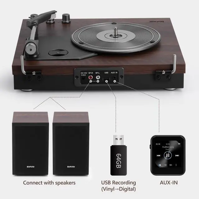 Alt view image 4 of 7 - Record Player, 3 Speed Turntable with Two 15W External Speakers, Bluetooth Input, Aux-in, USB Playback& LP-MP3 Recording, Vintage Vinyl Player, Dark Brown Wood
