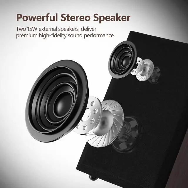 Alt view image 6 of 7 - Record Player, 3 Speed Turntable with Two 15W External Speakers, Bluetooth Input, Aux-in, USB Playback& LP-MP3 Recording, Vintage Vinyl Player, Dark Brown Wood
