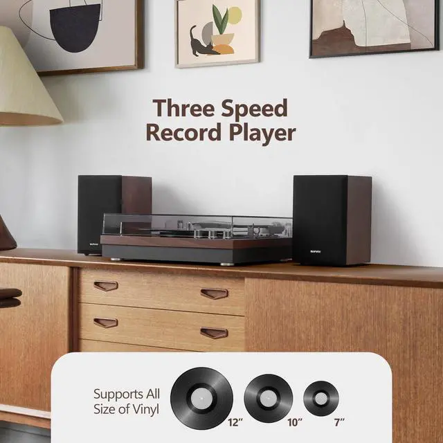 Alt view image 3 of 7 - Record Player, 3 Speed Turntable with Two 15W External Speakers, Bluetooth Input, Aux-in, USB Playback& LP-MP3 Recording, Vintage Vinyl Player, Dark Brown Wood