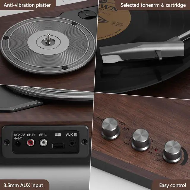 Alt view image 5 of 7 - Record Player, 3 Speed Turntable with Two 15W External Speakers, Bluetooth Input, Aux-in, USB Playback& LP-MP3 Recording, Vintage Vinyl Player, Dark Brown Wood
