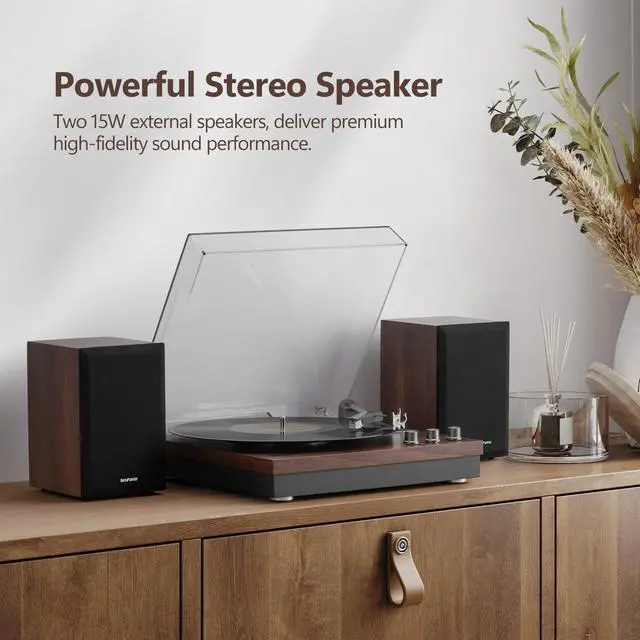 Alt view image 7 of 7 - Record Player, 3 Speed Turntable with Two 15W External Speakers, Bluetooth Input, Aux-in, USB Playback& LP-MP3 Recording, Vintage Vinyl Player, Dark Brown Wood