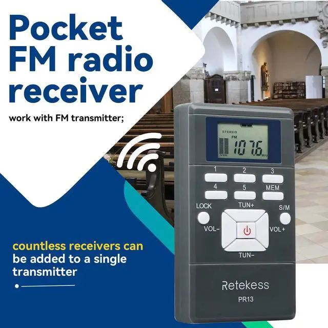 Alt view image 2 of 7 - PR13 Portable FM Receiver, Mini FM Radio(Pack of 10) | for Church, Teaching, Meeting, Correctional Center, Supports Radio Station Storage, Lock button, Built-in 24 Hour Clock