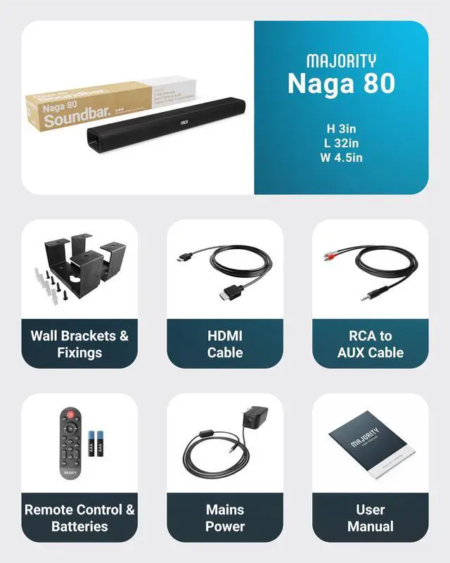 Alt view image 7 of 7 - 140W Bluetooth Sound Bar for Smart TV | 31" 2.1 Wireless Soundbar for TV with 3D Sound | TV Speakers Sound Bar with Built in Subwoofer | HDMI, AUX, Optical Compatible Mini Soundbar Naga 80