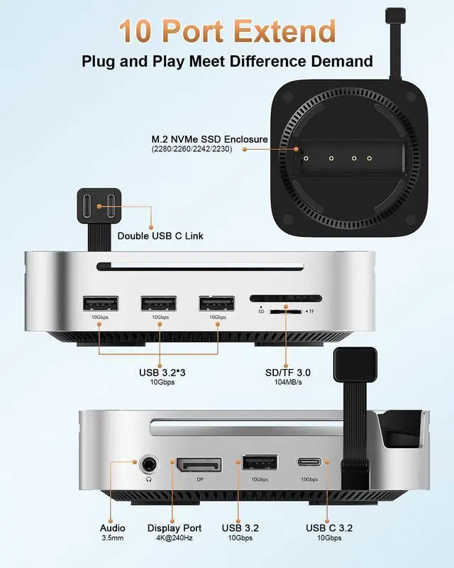 Alt view image 4 of 7 - Mac mini M4 Dock with NVMe SSD Enclosure, 10Gbps Hub & SD Reader | Docking Station & Stand for Mac Mini M4/M4 Pro2024 with M.2 NVMe SSD Support, USB-A, USB-C, SD Reader and DisplayPort