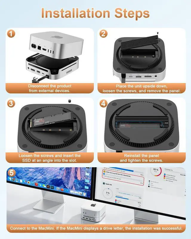 Alt view image 6 of 7 - Mac mini M4 Dock with NVMe SSD Enclosure, 10Gbps Hub & SD Reader | Docking Station & Stand for Mac Mini M4/M4 Pro2024 with M.2 NVMe SSD Support, USB-A, USB-C, SD Reader and DisplayPort
