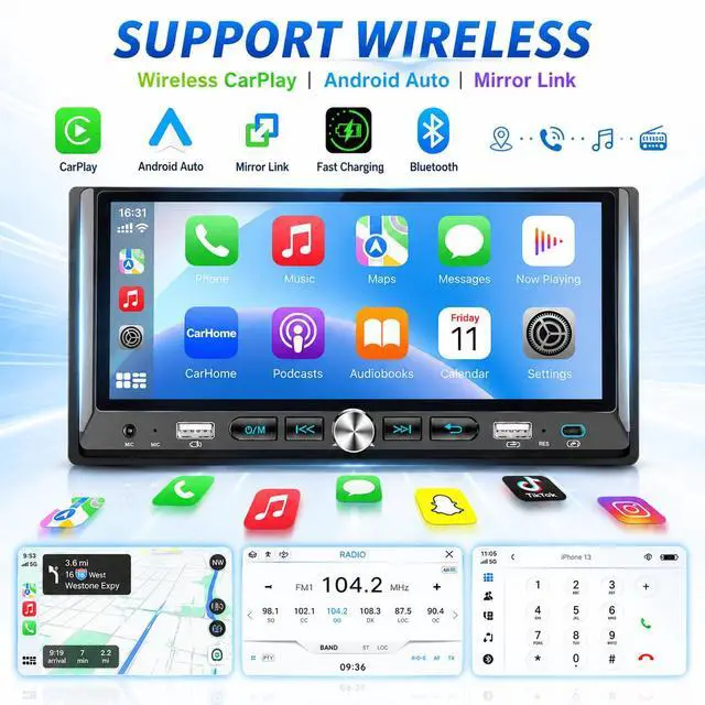 Alt view image 3 of 7 - Single Din Car Stereo with Wireless Apple Carplay Android Auto 6.9'' Touchscreen 50W x 4 Output Car Radio bluetoothBackup Camera Mirror Link Navigation USB Type-C Fast Charging FM/AM EQ SWC
