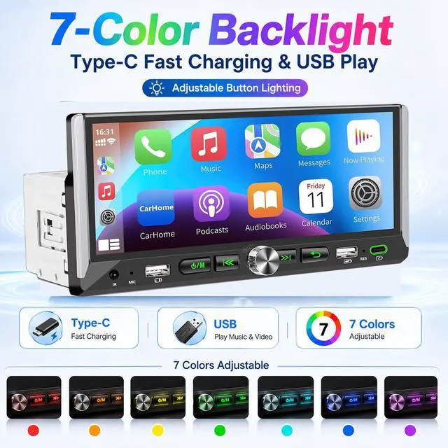 Alt view image 4 of 7 - Single Din Car Stereo with Wireless Apple Carplay Android Auto 6.9'' Touchscreen 50W x 4 Output Car Radio bluetoothBackup Camera Mirror Link Navigation USB Type-C Fast Charging FM/AM EQ SWC