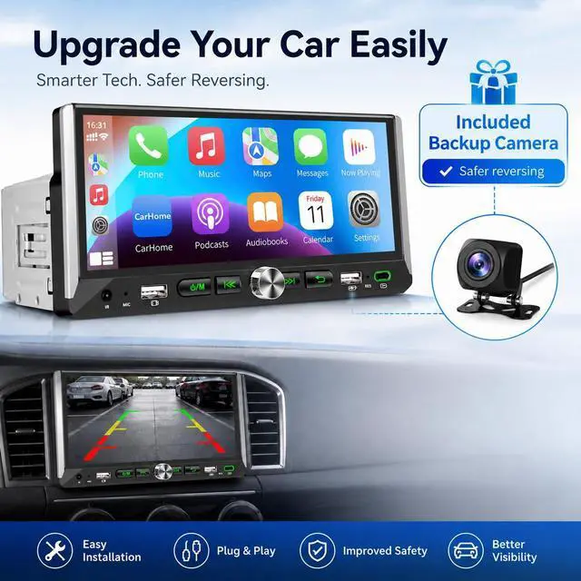 Alt view image 7 of 7 - Single Din Car Stereo with Wireless Apple Carplay Android Auto 6.9'' Touchscreen 50W x 4 Output Car Radio bluetoothBackup Camera Mirror Link Navigation USB Type-C Fast Charging FM/AM EQ SWC