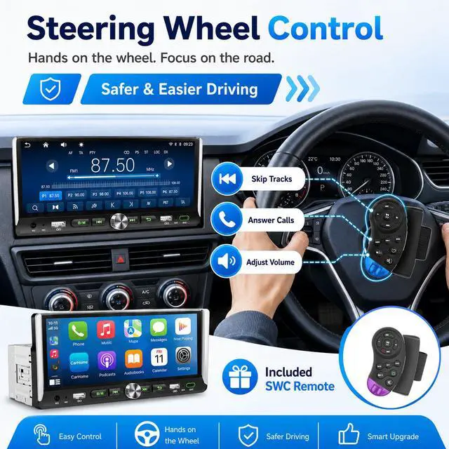 Alt view image 6 of 7 - Single Din Car Stereo with Wireless Apple Carplay Android Auto 6.9'' Touchscreen 50W x 4 Output Car Radio bluetoothBackup Camera Mirror Link Navigation USB Type-C Fast Charging FM/AM EQ SWC