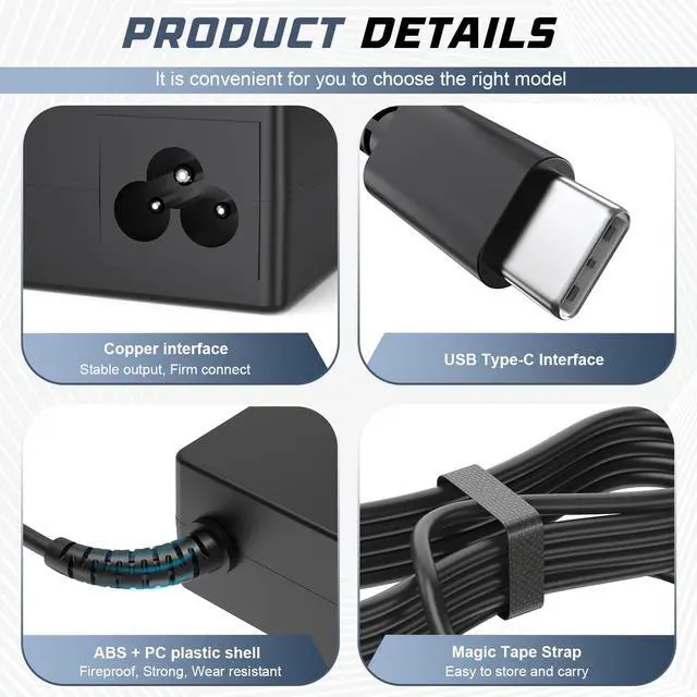 Alt view image 2 of 7 - 65W 45W USB C Laptop Charger for Chromebook Charger Universal Compatibility PD3 Type C Computer Charger Cord 10FT
