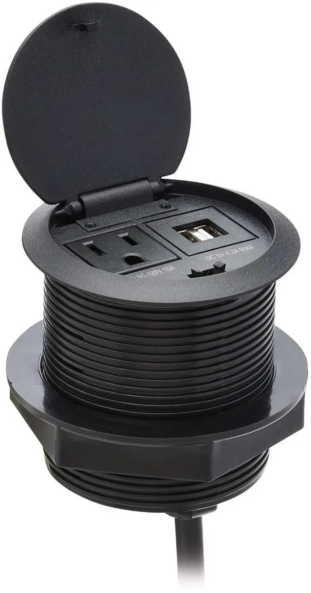 Main image of Safe-IT Desktop Charging & Surge Protection Power Grommet Desk Cord Cable Hole Cover, 1 Outlet + 2 USB-A Ports, 1000 Joules, 10 Foot Cord, 15,000 Insurance (TLP12POAM)