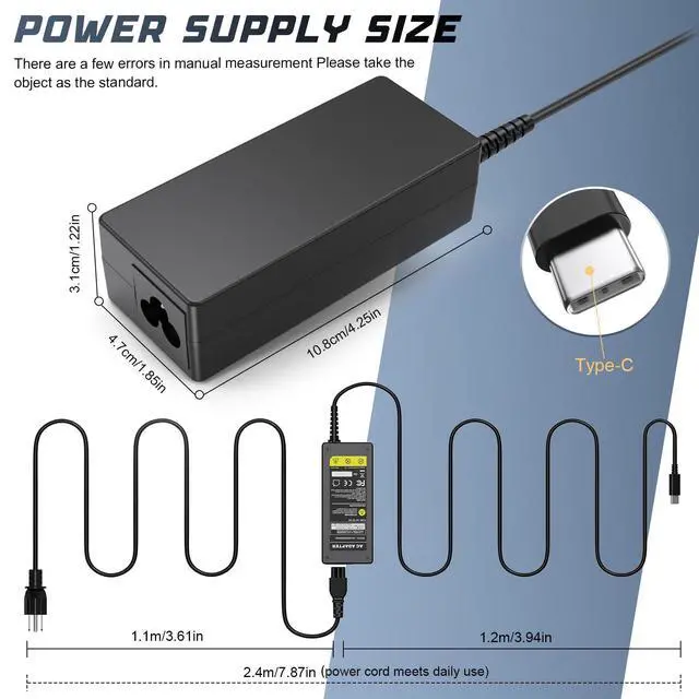 Alt view image 6 of 7 - 65W 45W USB C Laptop Charger for Chromebook Charger Universal Compatibility PD3 Type C Computer Charger Cord 10FT
