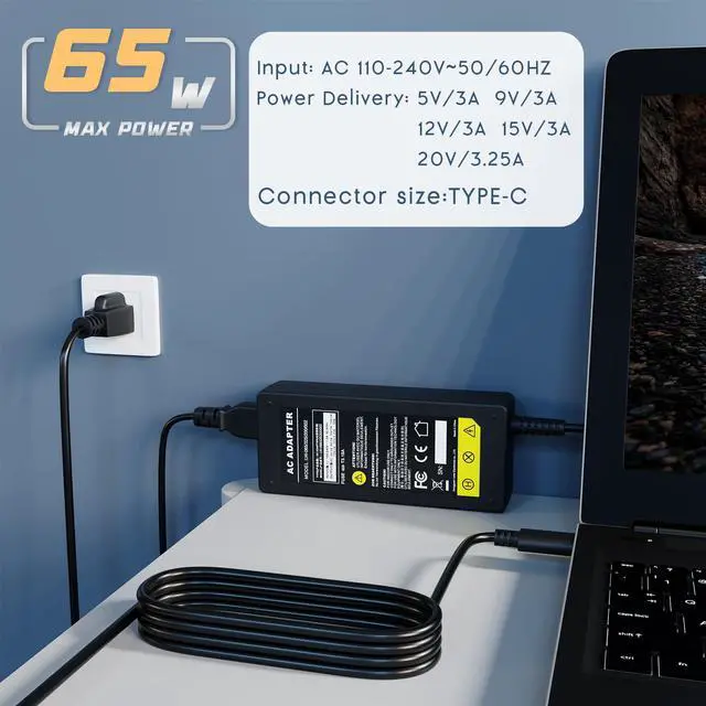 Alt view image 7 of 7 - 65W 45W USB C Laptop Charger for Chromebook Charger Universal Compatibility PD3 Type C Computer Charger Cord 10FT
