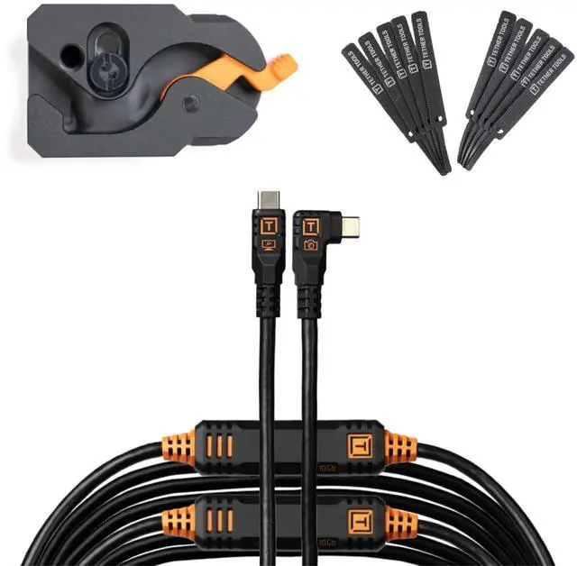 Main image of TetherGuard LeverLock Plate Camera Port Protection, Tripod Plate for Cable Management &TetherPro Optima 10G High-Speed 31 ft Straight to Right Angle USB-C to USB-C Cable Black