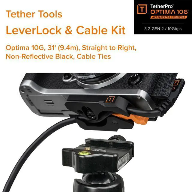 Alt view image 2 of 7 - TetherGuard LeverLock Plate Camera Port Protection, Tripod Plate for Cable Management &TetherPro Optima 10G High-Speed 31 ft Straight to Right Angle USB-C to USB-C Cable Black