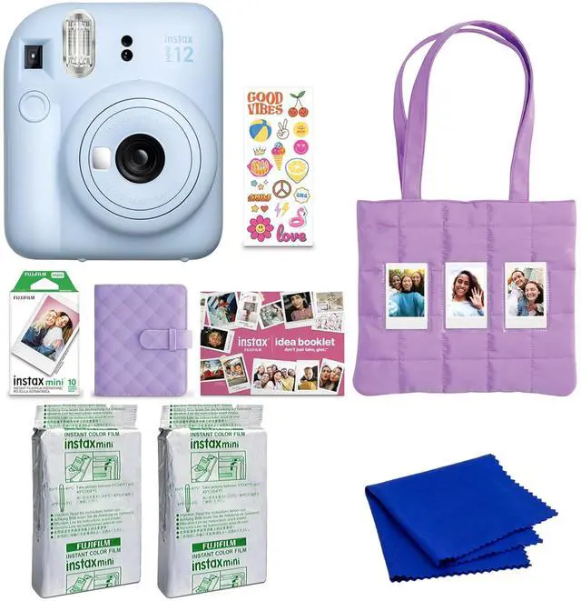 Main image of instax mini 12 Instant Film Camera Holiday Bundle (Pastel Blue) with 2 x Instax Mini Instant Film - Foil Pack and Microfiber Cloth