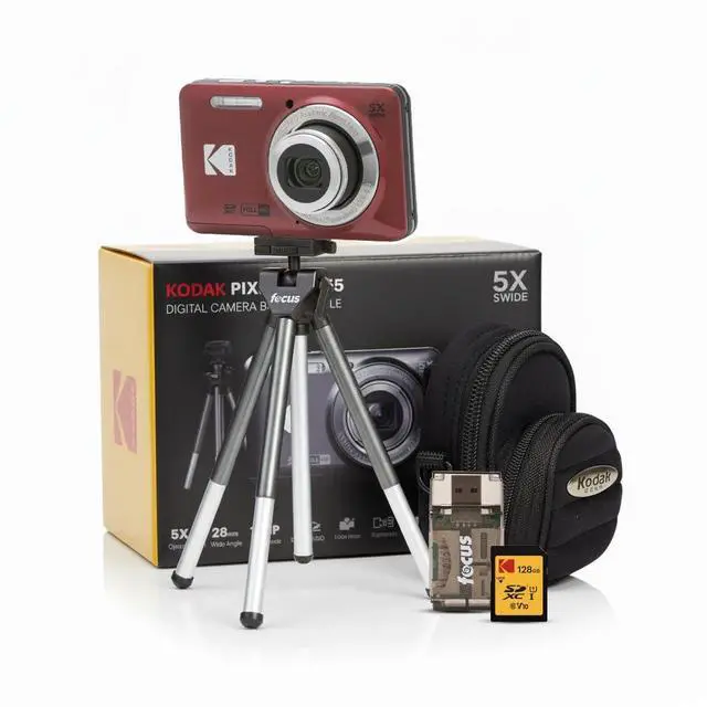 Main image of PIXPRO FZ55 Digital Camera (Red) Friendly Zoom Bundle | 128GB SD Card, Tripod, (5 items)