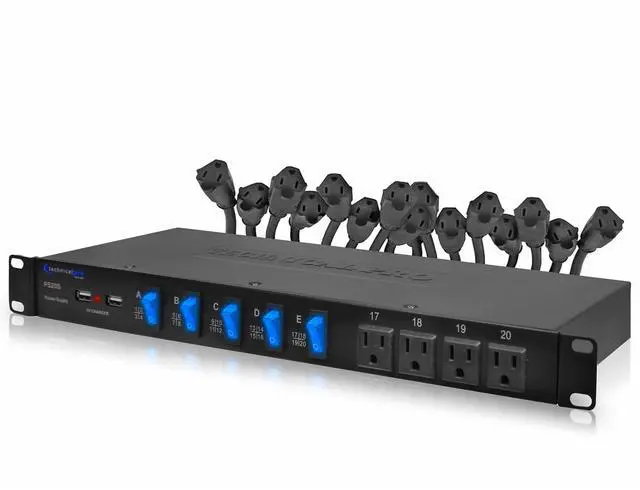 Main image of Power Supply Strip Unit Surge Protector, 19" Rack Mount 20 Outlet | Including 16 Rear Panel 120V 3-Prong Plug sockets, 4 Front Panel AC Outlets, 3X 5V USB Charging Ports by