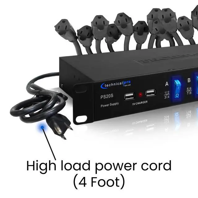 Alt view image 7 of 7 - Power Supply Strip Unit Surge Protector, 19" Rack Mount 20 Outlet | Including 16 Rear Panel 120V 3-Prong Plug sockets, 4 Front Panel AC Outlets, 3X 5V USB Charging Ports by