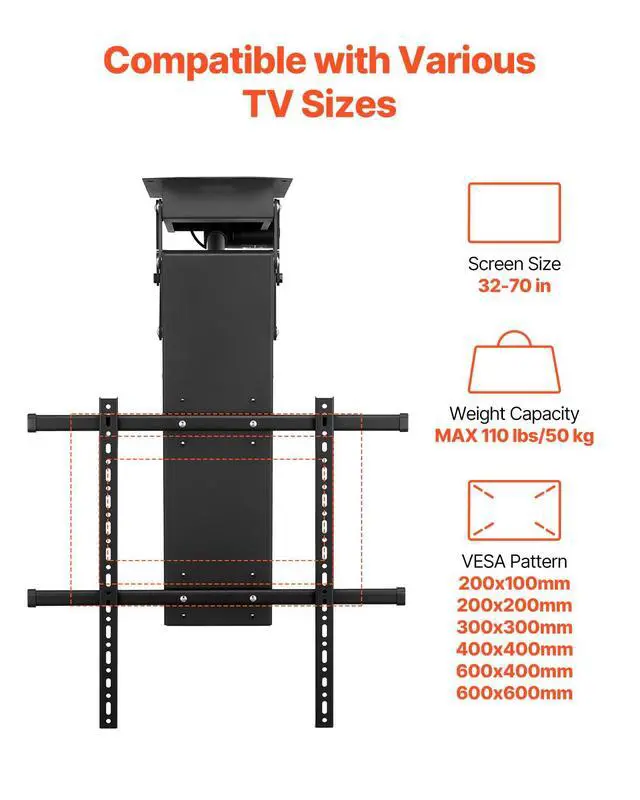 Alt view image 3 of 7 - Motorized Ceiling TV Mount, TV Wall Mount for 32 to 70 Inch TV, Electric Adjustable Ceiling TV Mount, Motorized Flip Down TV Mount Bracket with Max VESA 24 x 24 in, Fits TVs Up to 110 lbs