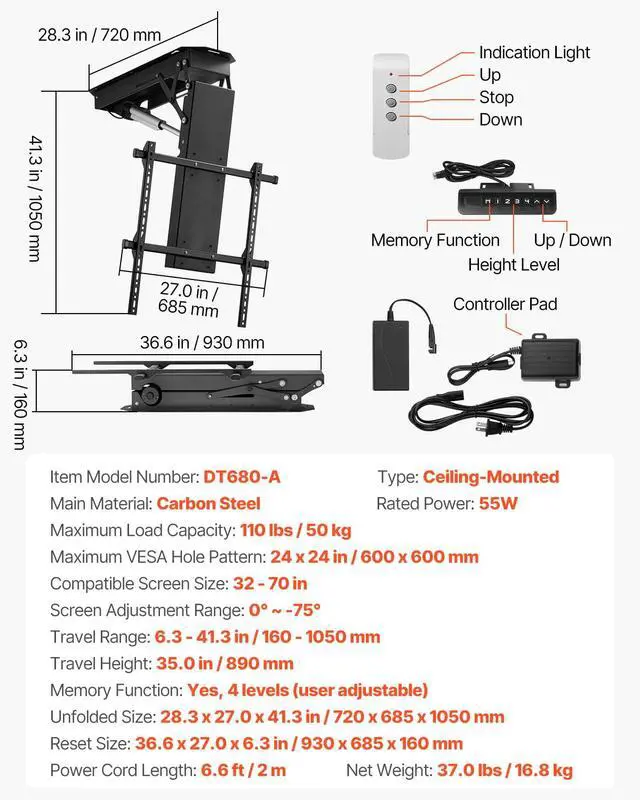 Alt view image 7 of 7 - Motorized Ceiling TV Mount, TV Wall Mount for 32 to 70 Inch TV, Electric Adjustable Ceiling TV Mount, Motorized Flip Down TV Mount Bracket with Max VESA 24 x 24 in, Fits TVs Up to 110 lbs