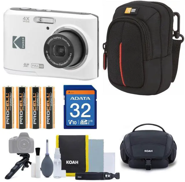 Main image of PIXPRO Friendly Zoom FZ45-WH 16MP Digital Camera with 4X Optical Zoom 27mm Wide Angle and 2.7' LCD Screen (White) Bundle with Cleaning Kit, 32GB Memory Card, Camera Case, and Batteries (5 Items)