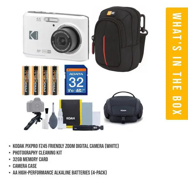 Alt view image 7 of 7 - PIXPRO Friendly Zoom FZ45-WH 16MP Digital Camera with 4X Optical Zoom 27mm Wide Angle and 2.7' LCD Screen (White) Bundle with Cleaning Kit, 32GB Memory Card, Camera Case, and Batteries (5 Items)