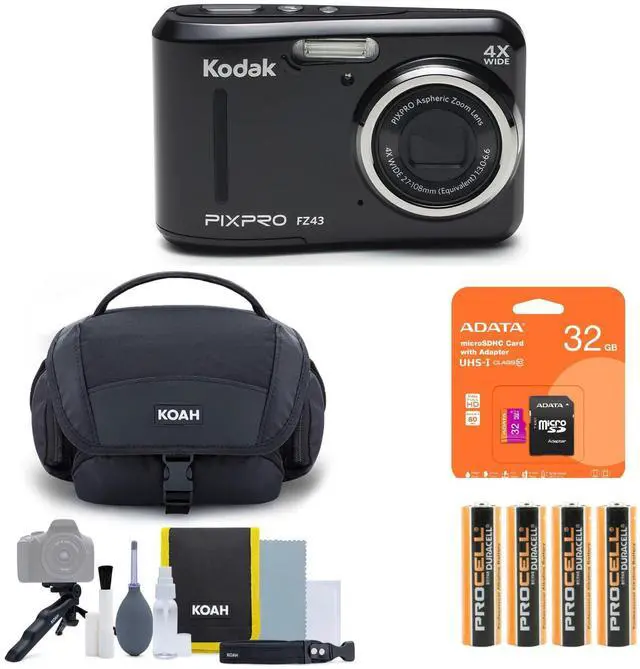 Main image of PIXPRO FZ45 Friendly Zoom Digital Camera (Black) Bundle | 32GB Memory Card, Photography Cleaning Kit, High-Performance Ultra Alkaline AA Batteries, Case, (8 items)