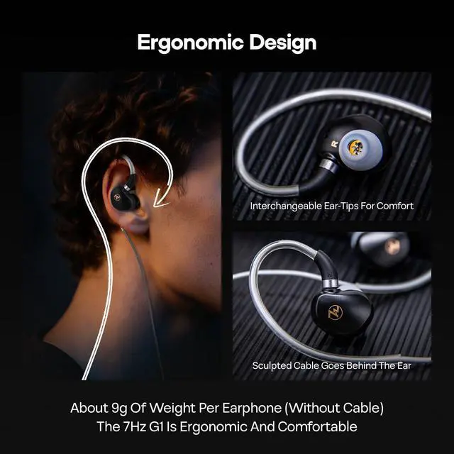 Alt view image 6 of 7 - 7HZ G1 10mm DLC Dynamic Driver IEM HiFi Wired Earbuds In Ear Monitors | with Detachable OFC Silver-Plated Cable, Ergonimic In-Ear Earphones for Gaming & Music Audiophiles (with Mic, Black)