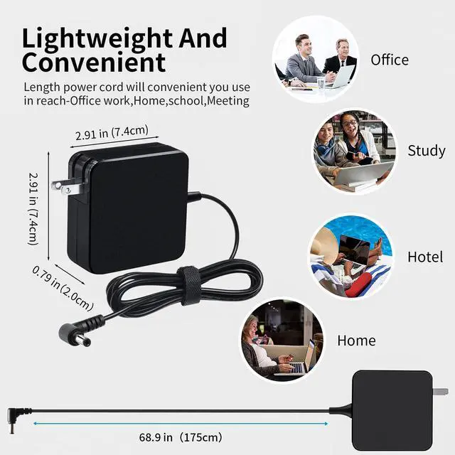 Alt view image 5 of 7 - 65W AC Laptop Charger Adapter Compatible with Asus U56E X555L X551M X53U X550C Q551L Q301L K53E K55A S500C S400C A53E R554L TP500L F555L PA-1700-02 ADP-65DW B ADP-45BW-B Power Supply Cord