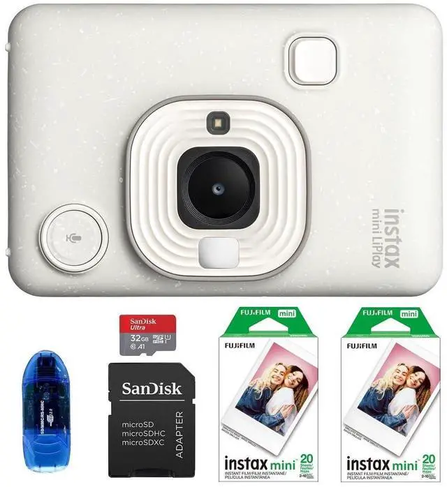 Main image of INSTAX MINI Liplay Hybrid Instant Camera Bundle, Includes: INSTAX MINI Instant Film (40 Exposures), 32GB MicroSD Memory Card and Card Reader (5 Items) (Misty White)