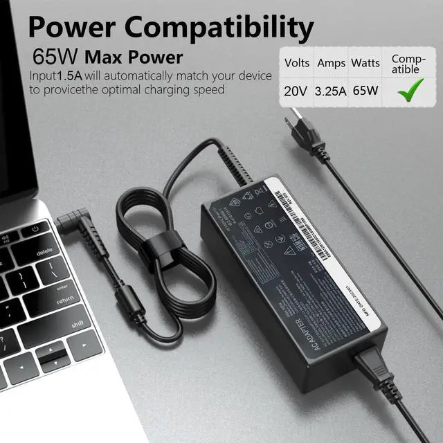 Alt view image 5 of 6 - Charger fit for Lenovo IdeaPad Slim 3 3i 1 IdeaPad 3 3i 5 1i 15.6" | 3-15itl6 3-15tl6 3-15itl05 3-15iau7 3-15iil05 Slim 3 15iah8 151an8 15q8 15q8x10 Laptop Adapter Power 3.25A 65W