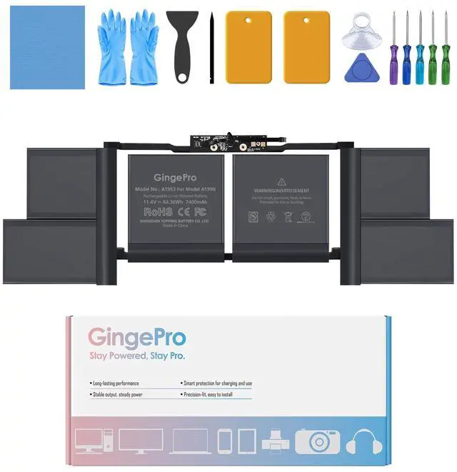 Main image of Replacement Battery for MacBook Pro A1990, 15-Inch, 2018-2019 | Replaces battery: A1953, 11.4V 7400mAh 84.36Wh, up to 1000 cycles, 5 screwdrivers, tool kit, installation guide