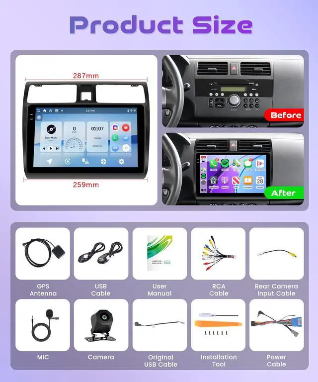 Alt view image 7 of 7 - 4Core 4G+64G Android 15 Car Stereo Radio for Suzuki Swift 2005-2010 Wireless Carplay Android Auto 5G-WiFi GPS Navigation, 10.1 inch Touchscreen BT FM EQ Mirror Link Backup Camera