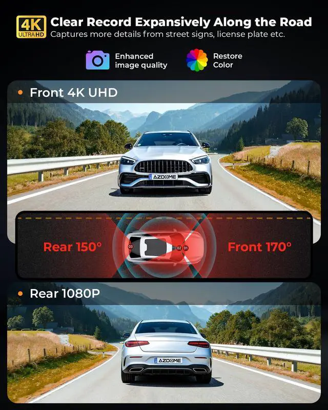 Alt view image 3 of 7 - UVVlO Dash Cam Front and Rear - 2026 Upgrade 4k/2k FHD Dash Camera for Cars - 3.59" lPS Display Dual Dashcam w/Free 64GB Card, 5.8GHz WiFi, GPS, Emergency Lock, WDR, Night Vision, 24H Parking Mode