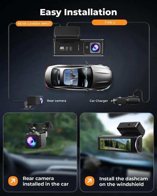 Alt view image 6 of 7 - UVVlO Dash Cam Front and Rear - 2026 Upgrade 4k/2k FHD Dash Camera for Cars - 3.59" lPS Display Dual Dashcam w/Free 64GB Card, 5.8GHz WiFi, GPS, Emergency Lock, WDR, Night Vision, 24H Parking Mode