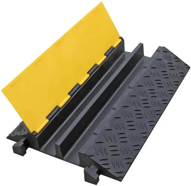 Main image of 3.37 Inch Pipe and Hose Ramp Traffic Wire Cable Protector 2 Channel Cord Cover 24,000 lbs per Axle - Rubber Black Base/Yellow Lid