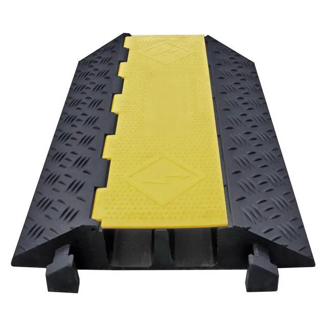 Alt view image 2 of 5 - 3.37 Inch Pipe and Hose Ramp Traffic Wire Cable Protector 2 Channel Cord Cover 24,000 lbs per Axle - Rubber Black Base/Yellow Lid